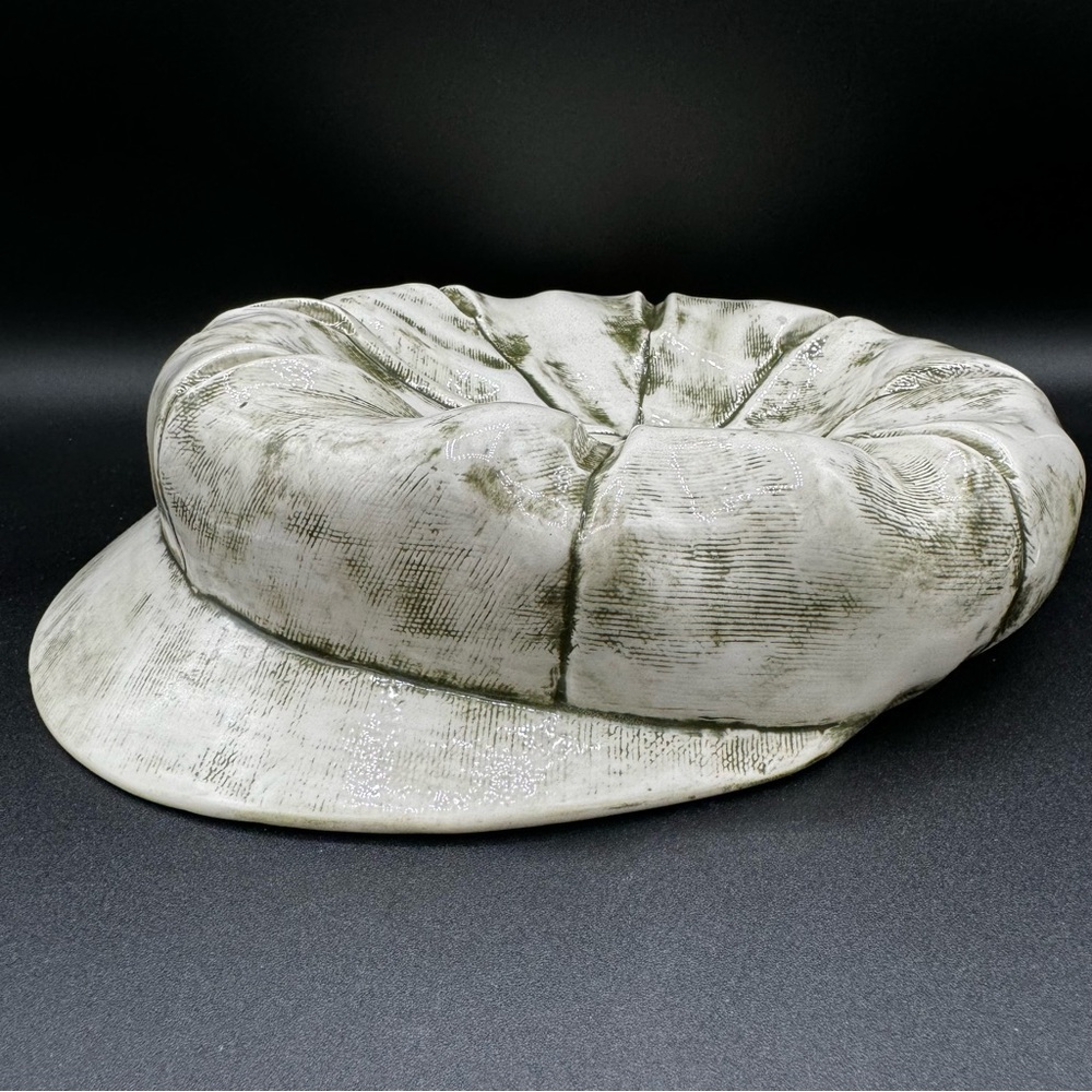 Ceramic Pageboy Newsie Cap for Decor or Trinkets in Green and White 10in